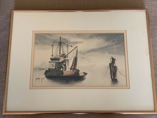 Vintage George Sperl Watercolor Painting Fishing Boat & Dinghies