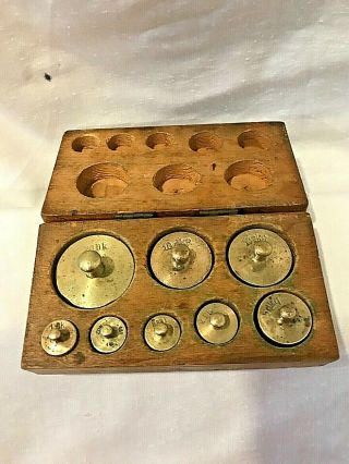 Vintage Apothecary Pharmacy Brass Decagram Weights In Wooden Box