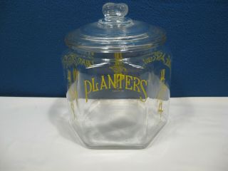 Vintage 1930 ' s Hexagonal Mr.  Peanut Planters Glass Jar w/ chipped lid 2