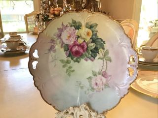 Vtg Antique Handle Cake Plate Cabbage Barbola Roses Pink Gold Rim Plate 11”