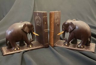 Antique Vtg Inlaid Wooden Elephant Bookends Pair Heavy 3 Lbs 9 Oz
