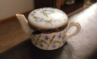 Euc Vintage Signed Peint Main Limoges France Porcelain Flower Teapot Trinket Box