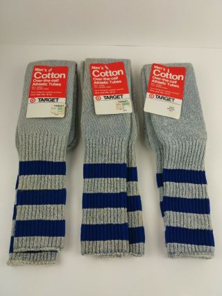 Reserved Target Over The Calf Gray With Blue Stripe Athletic Tube Socks - Three