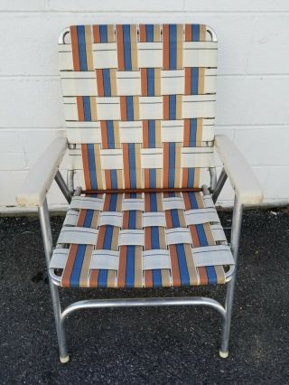 Vintage Folding Aluminum Chair Webbed Patio Lawn Chair Cream Colored