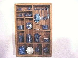 Doll House Shelf Display Of Blue And White Speckled Graniteware Miniatures
