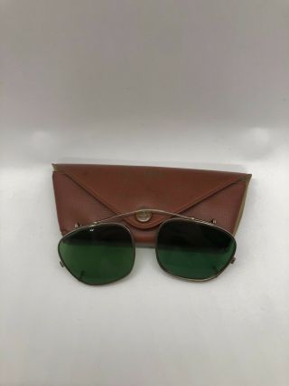 Vintage Ray Ban Bausch & Lomb B&L Clip On Sunglasses In Case Green Lenses 40 - 50s 3