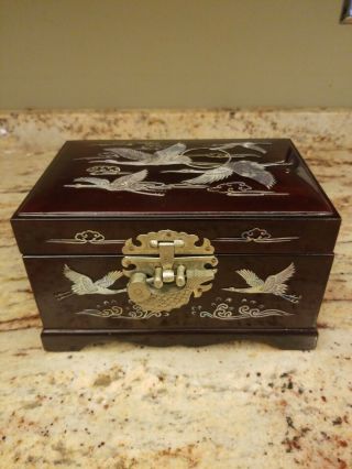 Vintage Black Ebony Music Box With Inlay Mother Of Pearl