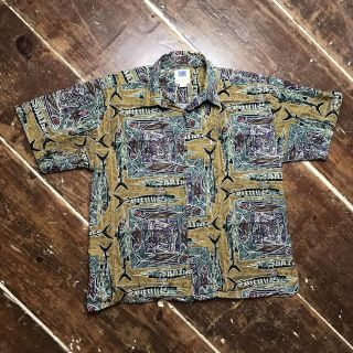 Vintage 90s Kahala Avi Hawaiian Shirt Mens Xl Tiki Fishing Fish Print Button Up