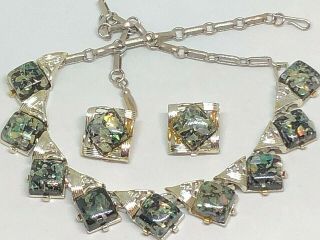 Vintage Coro Confetti Lucite Necklace & Earrings Set Black And Gold Tone Design
