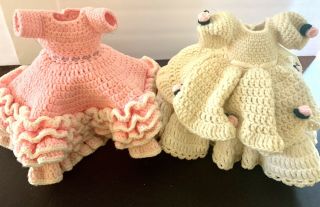 2 Handmade Knit Ruffled Petticoat Crochet Doll Dress Pink Cream Doll Clothes Vtg