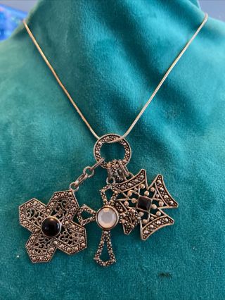 Vintage Sterling Silver.  925 Marcasite 3 Cross Crucifixs 24” Necklace Stunning