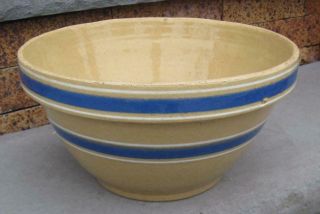 Vintage Yellow Ware Cobalt Blue Striped 10 " Mixing Bowl