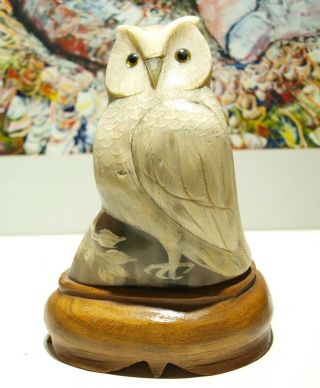 Vintage Carved Water Buffalo Horn Perched Owl Sculpture Figurine Scrimshaw