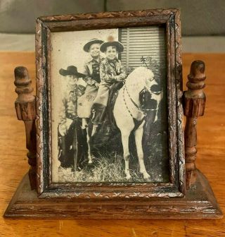 Vintage Photo (3 Little Boys) Cowboys On Pony Wood Swivel Picture Frame Antique