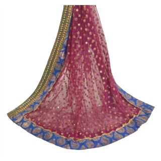 Sanskriti Vintage Dupatta Long Stole Net Mesh Pink Hand Beaded Sequins Work Veil