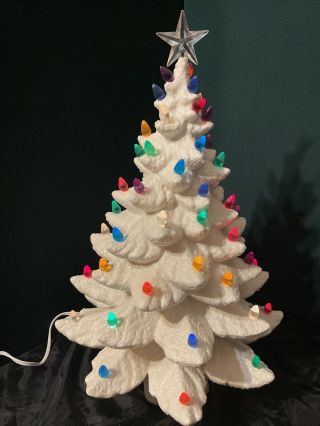 Vintage White Ceramic Christmas Tree 21 " Light Up With Bulbs Snow Like Glaze