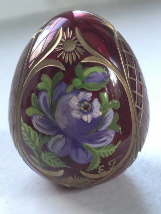Vintage Russian Faberge? Red Ruby& Gold Cut Crystal Initialed Handpainted Egg