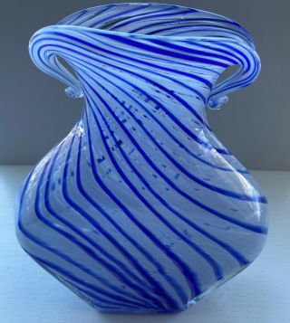 Vintage Art Glass Vase Cobalt Blue & White Swirl,  Hand Blown/heavy