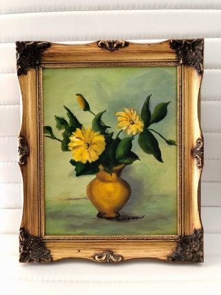 Vintage Floral Flower Yellow Daisy Green Painting Gold Frame Joan A.  Nugent