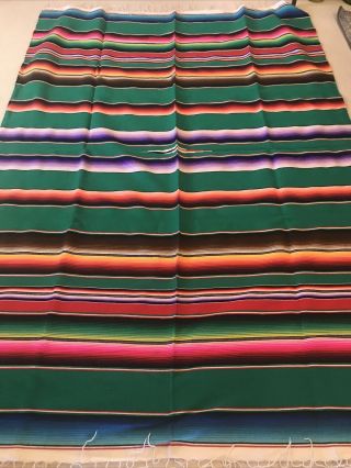 Vintage Mexican Southwestern Green Saltillo Serape Blanket Rug 88” X 60”