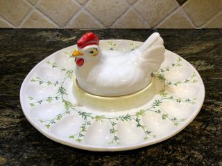Rare Antique Vtg Ceramic Hen On Nest 16 Egg Slots 12” Long Made In Italy Easter
