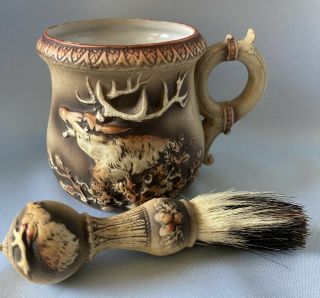 Antique/vtg Schafer & Vater German Deer Stag Elk Bisque Mug & Matching Brush