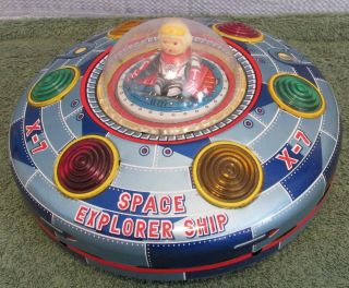 Vtg Tin Litho Space Explorer Ship X - 7 Battery Operated Toy Non Very Good
