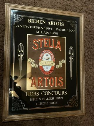 Vintage Stella Artois Beer Mirrored Bar Sign Framed Large 26.  5” X 20”