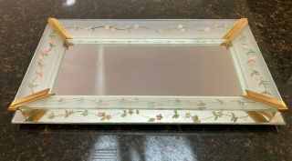 Vintage Vanity Dresser Tray Floral Hand Painted Flowers Frosted Glass