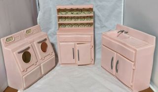 Tico Doll Kitchen Vintage 50s Pink Plastic Sink China Cabinet & Washer Dryer Toy