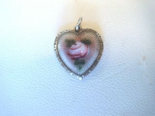 Vintage Sterling Silver Guilloche Enamel Rose Heart Charm Pendant