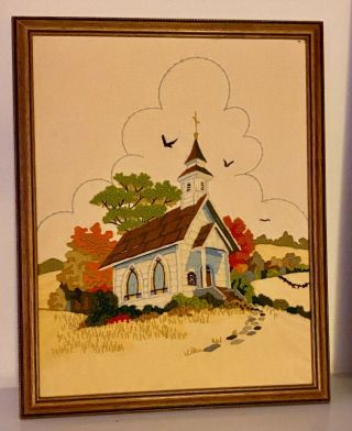 Vintage Framed Embroidery Crewel Church Scene Wall Art Picture 15.  5 " X 20 "