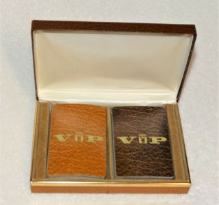 Vintage Playboy VIP Double Deck Playing Cards W/Leather Covered Case - - 6” wide 3