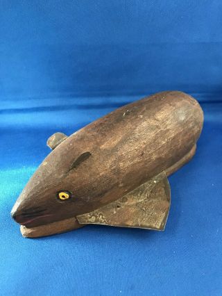 Rare Vintage Folk Art Mouse/rat Spear Fishing Decoy Solid Wood Body Metal Fins