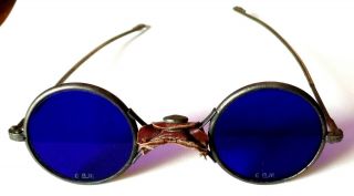 Antique Metal Frame Welders Blue Tint Safety Glasses W Leather Strap In Center