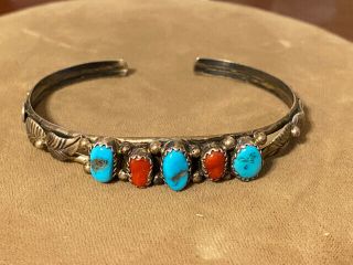 Vintage Sterling Silver Turquoise & Coral Cuff Bracelet 6 "