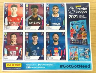 Panini Premier League 2021 - Uncut Sheet Of 6 Stickers (tierney,  Mount Etc. )