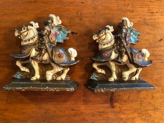 Pair Vtg Antique Allen Painted Cast Iron Bookends Knight Horseback Signed