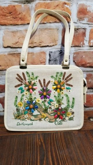 Vintage Enid Collins Of Texas Driftwood Art Purse Handbag Jeweled Canvas 1960 