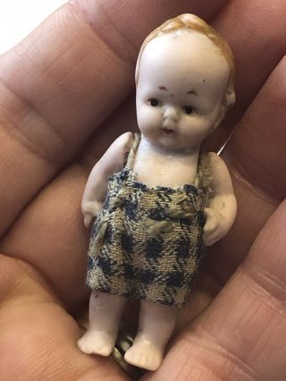 Tiny Vintage Miniature Hertwig Made In Germany Bisque Boy Doll 2” Tall Strung