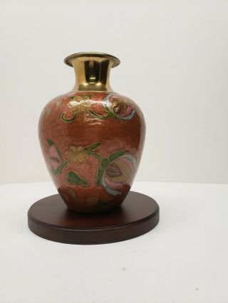 Vintage Enamel And Brass Vase With Flowers Made In India