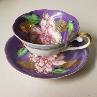 Vintage Saji Japan Fancy China Footed Tea Cup And Saucer Set Purple Rose Peony