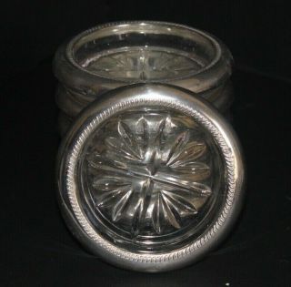 Set Of 6 Vintage Sterling Silver Rimmed Glass 3.  75 " Coasters Ashtrays