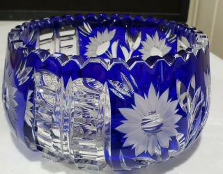 Vintage Bohemian Cobalt Blue Cut To Clear Crystal Bowl Sawtooth Rim