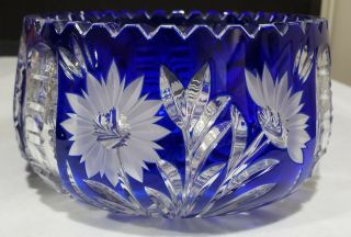 Vintage Bohemian Cobalt Blue Cut to Clear Crystal Bowl Sawtooth Rim 2