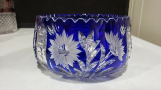 Vintage Bohemian Cobalt Blue Cut to Clear Crystal Bowl Sawtooth Rim 3