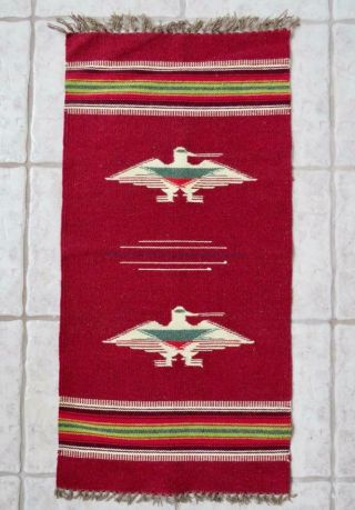 Vintage Navajo Indians Pure Wool Rug Hand Woven Eagles 19x38 " Runner Wall Decor