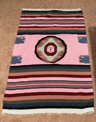 Vintage Yoga Blanket Mexican Hand Woven Wool Rug Tapestry 78x64 Mask Face Design