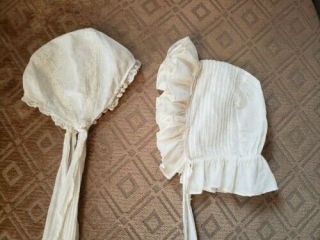 Set Of 2 Antique Victorian Infant Baby Bonnet Hat Lace Hand Stitched Vtg