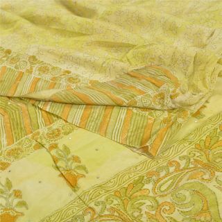 Sanskriti Vintage Green Sarees Pure Crepe Silk Printed Hand Beaded Sari Fabric